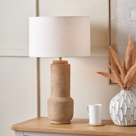 Rustic Brown Stoneware Cylindrical Table Lamp with 35cm White Self-Lined Linen Drum Shade – Textured Concrete-Effect Ceramic Light Base 64x35x35cm