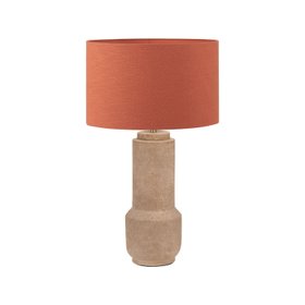 Rustic Brown Stoneware Cylindrical Table Lamp with 35cm Cinnamon Self-Lined Linen Drum Shade – Textured Concrete-Effect Ceramic Light Base 64x35x35cm