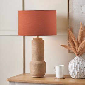 Rustic Brown Stoneware Cylindrical Table Lamp with 35cm Cinnamon Self-Lined Linen Drum Shade – Textured Concrete-Effect Ceramic Light Base 64x35x35cm