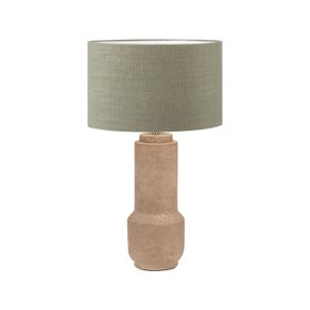 Rustic Brown Stoneware Cylindrical Table Lamp with 35cm Pistachio Green Linen Drum Shade – Textured Concrete-Effect Ceramic Light Base 64x35x35cm