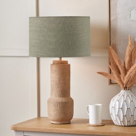 Rustic Brown Stoneware Cylindrical Table Lamp with 35cm Pistachio Green Linen Drum Shade – Textured Concrete-Effect Ceramic Light Base 64x35x35cm
