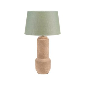 Rustic Brown Stoneware Cylindrical Table Lamp with 35cm Pistachio Green Linen Tapered Shade – Textured Concrete-Effect Ceramic Light Base 61x35x35cm