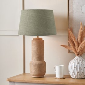 Rustic Brown Stoneware Cylindrical Table Lamp with 35cm Pistachio Green Linen Tapered Shade – Textured Concrete-Effect Ceramic Light Base 61x35x35cm