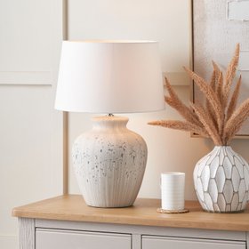 Neutral White & Grey Flecked Ceramic Table Lamp with White Tapered Cotton Shade – Distressed Stoneware-Effect Table Light 54x36x36cm