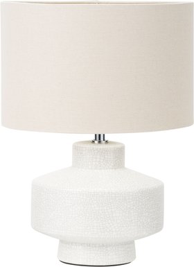 Neutral White Crackle-Effect Ceramic Table Lamp with White Linen Drum Shade – Sculptural Stoneware Table Light 38x28x28cm
