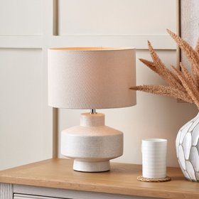 Neutral White Crackle-Effect Ceramic Table Lamp with White Linen Drum Shade – Sculptural Stoneware Table Light 38x28x28cm