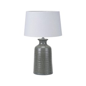 Smokey Green Ribbed Ceramic Table Lamp with White Tapered Cotton Shade & Reactive Glaze Finish – Sculptural Bottle-Shaped Table Light 49x30x30cm