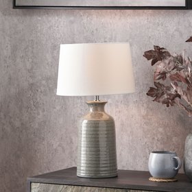 Smokey Green Ribbed Ceramic Table Lamp with White Tapered Cotton Shade & Reactive Glaze Finish – Sculptural Bottle-Shaped Table Light 49x30x30cm