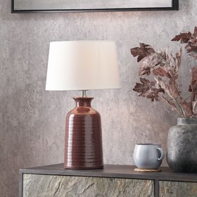 Mulberry Ribbed Ceramic Table Lamp with White Tapered Cotton Shade & Reactive Glaze Finish – Sculptural Bottle-Shaped Table Light 49x30x30cm