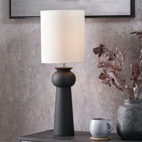 Matt Black Totem Sculptural Ceramic Table Lamp with Tall White Cotton Drum Shade – Contemporary Monochrome Statement Table Light 66x24x24cm
