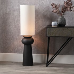 Matt Black Totem Sculptural Ceramic Floor Lamp with Tall White Cotton Drum Shade – Contemporary Monochrome Statement Floor Light 124x29x29cm