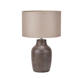 Matt Brown Textured Ceramic Bottle Table Lamp with Lined Natural Linen Drum Shade & Horizontal Line Detailing – Contemporary Earthy Statement Table Light 44x28x28cm