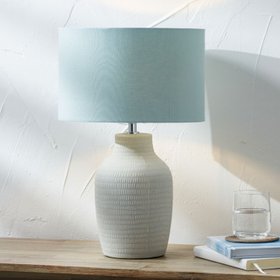 Duck Egg & Cream Textured Ceramic Bottle Table Lamp with Lined Drum Shade & Horizontal Line Detailing – Contemporary Soft-Toned Statement Table Light 44x28x28cm