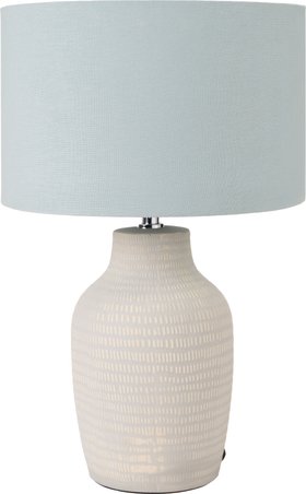 Duck Egg & Cream Textured Ceramic Bottle Table Lamp with Lined Drum Shade & Horizontal Line Detailing – Contemporary Soft-Toned Statement Table Light 44x28x28cm