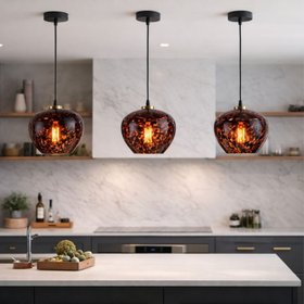 Amber & Brown Tortoiseshell Glass Pendant Light with Brushed Gold Fitting – Adjustable & Dimmable Bowl Ceiling Pendant 105x24x24cm