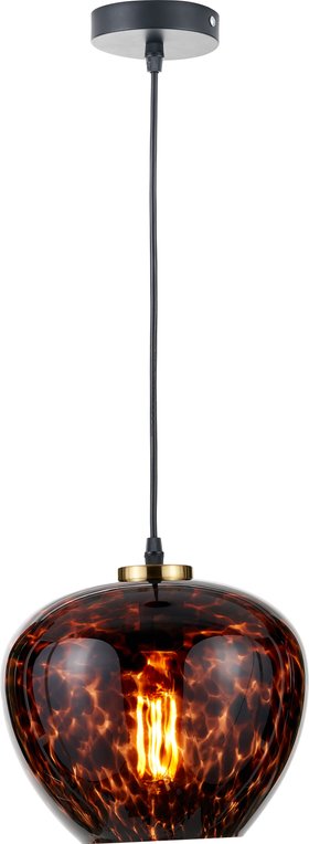 Amber & Brown Tortoiseshell Glass Pendant Light with Brushed Gold Fitting – Adjustable & Dimmable Bowl Ceiling Pendant 105x24x24cm