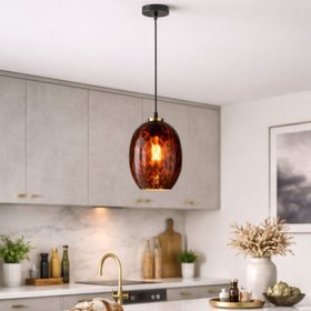 Amber & Brown Tortoiseshell Glass Pendant Light with Brushed Gold Fitting – Adjustable & Dimmable Oval Ceiling Pendant 111x20x20cm