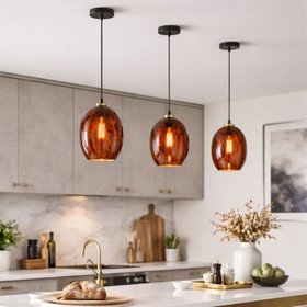 Amber & Brown Tortoiseshell Glass Pendant Light with Brushed Gold Fitting – Adjustable & Dimmable Oval Ceiling Pendant 111x20x20cm