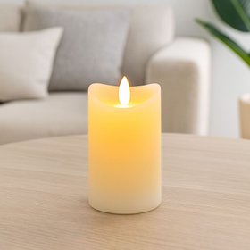 Medium Cream Melted-Effect Real Wax LED Flameless Pillar Candle with Flickering Flame – Battery Operated Decorative Light 12x7x7cm