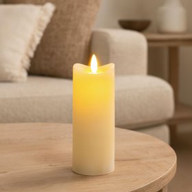 Extra-Tall Cream Melted-Effect Real Wax LED Flameless Pillar Candle with Realistic Flickering Flame – Battery Operated Decorative Light 20x7x7cm