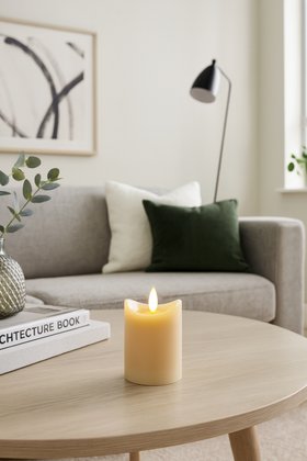 Small Beige Taupe Melted-Effect Real Wax LED Flameless Pillar Candle with Realistic Flickering Flame – Battery Operated Decorative Light 10x7x7cm