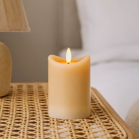 Small Beige Taupe Melted-Effect Real Wax LED Flameless Pillar Candle with Realistic Flickering Flame – Battery Operated Decorative Light 10x7x7cm