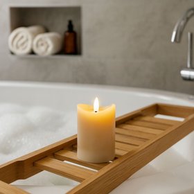 Small Beige Taupe Melted-Effect Real Wax LED Flameless Pillar Candle with Realistic Flickering Flame – Battery Operated Decorative Light 10x7x7cm