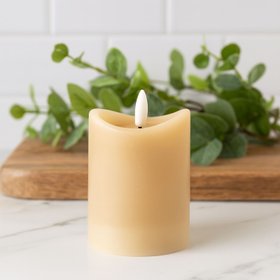 Small Beige Taupe Melted-Effect Real Wax LED Flameless Pillar Candle with Realistic Flickering Flame – Battery Operated Decorative Light 10x7x7cm