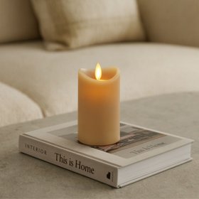 Medium Beige Taupe Melted-Effect Real Wax LED Flameless Pillar Candle with Realistic Flickering Flame – Battery Operated Decorative Light 12x7x7cm