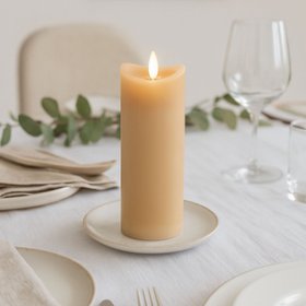 Extra-Tall Beige Taupe Melted-Effect Real Wax LED Flameless Pillar Candle with Realistic Flickering Flame – Battery Operated Decorative Light 20x7x7cm