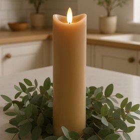 Extra-Tall Beige Taupe Melted-Effect Real Wax LED Flameless Pillar Candle with Realistic Flickering Flame – Battery Operated Decorative Light 20x7x7cm