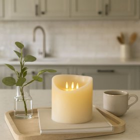 Extra-Wide Cream Melted-Effect Real Wax LED Flameless Pillar Candle with 3 Wicks & Realistic Flickering Flames – Battery Operated Decorative Light 15x15x15cm