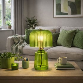 Bright Green Glass Table Lamp with Dome-Shaped Ribbed Chartreuse Glass Shade & Gold Lampholder – Retro Eclectic Bedside & Side Table Light 37x20x20cm