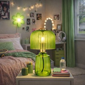 Bright Green Glass Table Lamp with Dome-Shaped Ribbed Chartreuse Glass Shade & Gold Lampholder – Retro Eclectic Bedside & Side Table Light 37x20x20cm