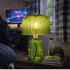Bright Green Glass Table Lamp with Dome-Shaped Ribbed Chartreuse Glass Shade & Gold Lampholder – Retro Eclectic Bedside & Side Table Light 37x20x20cm