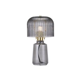 Cool Grey Glass Table Lamp with Dome-Shaped Ribbed Grey Glass Shade & Gold Lampholder – Retro Eclectic Bedside & Side Table Light 37x20x20cm