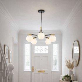 White Glass Orb 5 Light Pendant Ceiling Light with Black & Gold Metal Frame – Modern Pendant for Contemporary Interiors 120x55x55cm