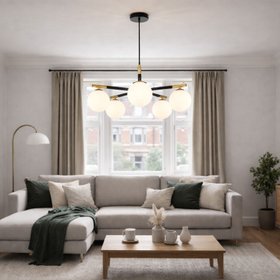 White Glass Orb 5 Light Pendant Ceiling Light with Black & Gold Metal Frame – Modern Pendant for Contemporary Interiors 120x55x55cm