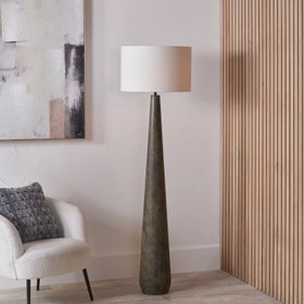 Brown & Green Aged Metal Floor Lamp with 45cm White Self-Lined Linen Drum Shade 159x45x45cm