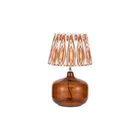 Amber Honey Glass Table Lamp with 40cm Orange Cinnamon & White Tribal Ikat Mushroom Pleated Cotton Shade – Rounded Squat Decorative Table Light for Bedside & Side Tables 61x40x40cm