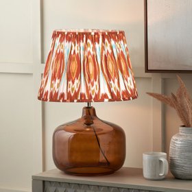 Amber Honey Glass Table Lamp with 40cm Orange Cinnamon & White Tribal Ikat Mushroom Pleated Cotton Shade – Rounded Squat Decorative Table Light for Bedside & Side Tables 61x40x40cm