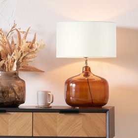 Amber Honey Glass Table Lamp with 40cm Ivory Cotton Drum Shade – Rounded Squat Decorative Table Light for Bedside & Side Tables 58x40x40cm