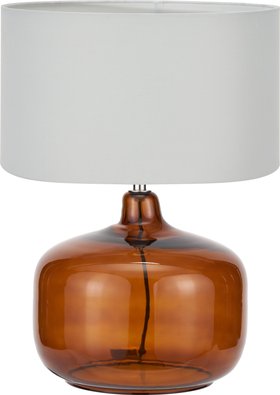 Amber Honey Glass Table Lamp with 40cm Ivory Cotton Drum Shade – Rounded Squat Decorative Table Light for Bedside & Side Tables 58x40x40cm