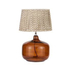 Amber Honey Glass Table Lamp with 40cm Beige Taupe & White Chevron Mushroom Pleated Cotton Shade – Rounded Squat Decorative Table Light for Bedside & Side Tables 58x40x40cm