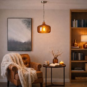 Amber Honey Glass Pendant Light with Nickel Fitting – Adjustable & Dimmable Rounded Squat Ceiling Pendant 130x29x29cm