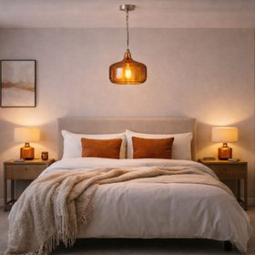 Amber Honey Glass Pendant Light with Nickel Fitting – Adjustable & Dimmable Rounded Squat Ceiling Pendant 130x29x29cm