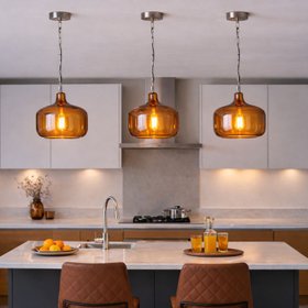 Amber Honey Glass Pendant Light with Nickel Fitting – Adjustable & Dimmable Rounded Squat Ceiling Pendant 130x29x29cm