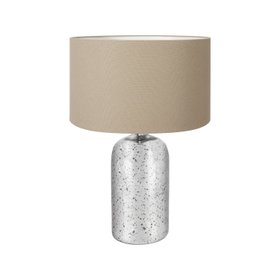 Mirrored Mercury Glass Bottle-Shaped Table Lamp with Beige Taupe Cotton Drum Shade – Contemporary Decorative Mottled Glass Lamp 63x40x40cm)