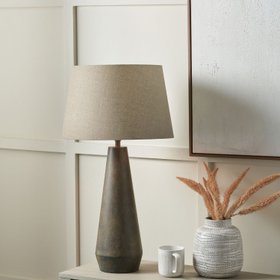 Brown & Green Aged Metal Tapered Table Lamp with 40cm Natural Linen Tapered Shade – Sculptural Bedside & Side Table Light 73x40x40cm