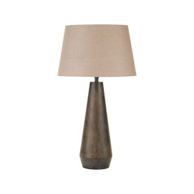 Brown & Green Aged Metal Tapered Table Lamp with 40cm Natural Linen Tapered Shade – Sculptural Bedside & Side Table Light 73x40x40cm